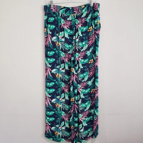 LOFT Linen Blend Pull-On Wide Leg Palazzo Pants Size M Navy Pink Green Pโฆ - Picture 10 of 13